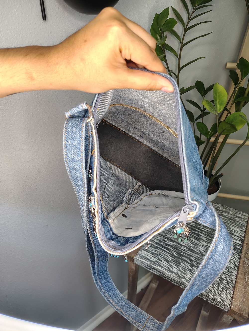 Handmade Y2k Boho Western Denim Crossbody Shoulder Bag with Bead Accents - Blue - Picture 8 of 14